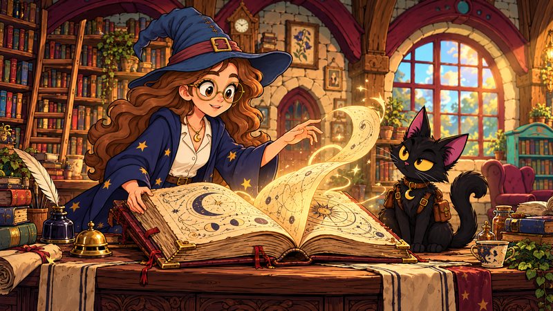 Elia and her black cat Hex in the old bookshop