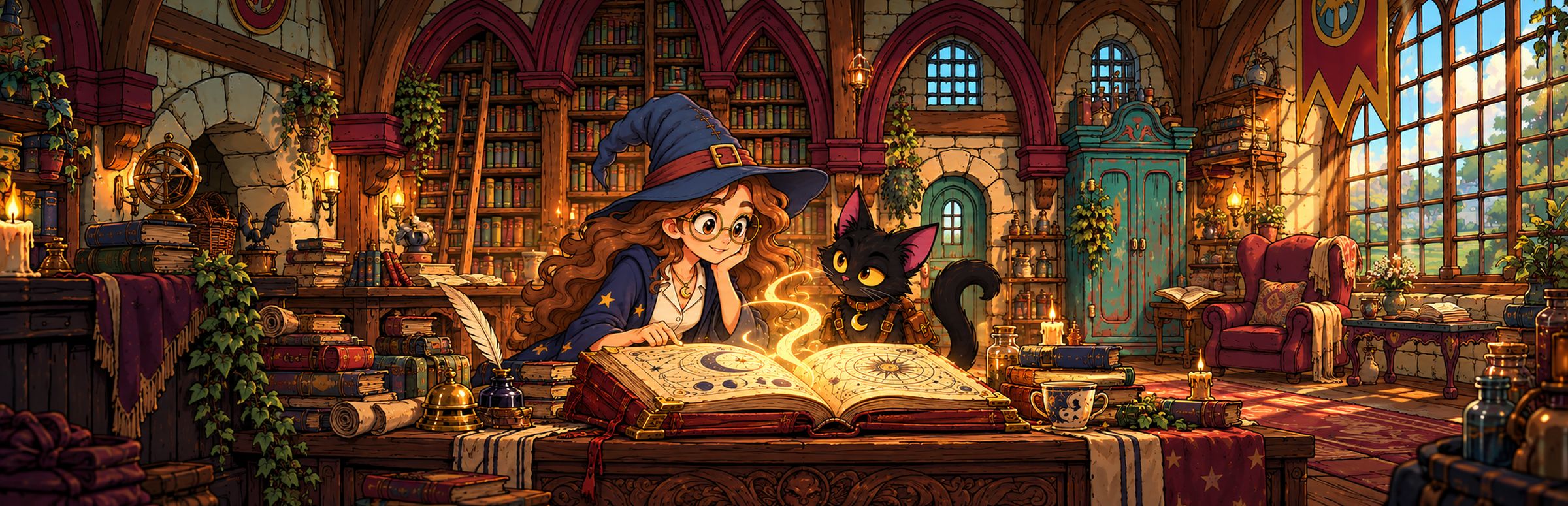 Elia and her black cat Hex reading a glowing grimoire in an old bookshop