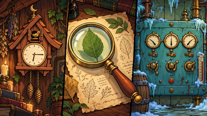 Close-up puzzles: cuckoo clock, leaf veins and cooling panel