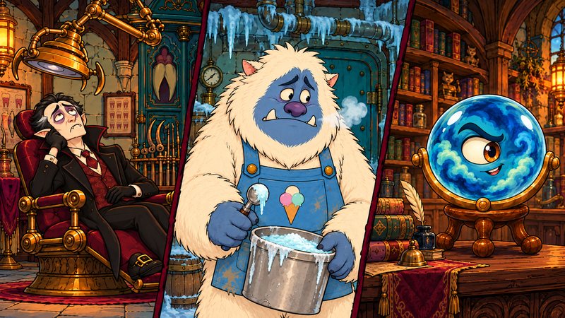 Dr. Acula, Frosty the yeti and the gossiping crystal ball